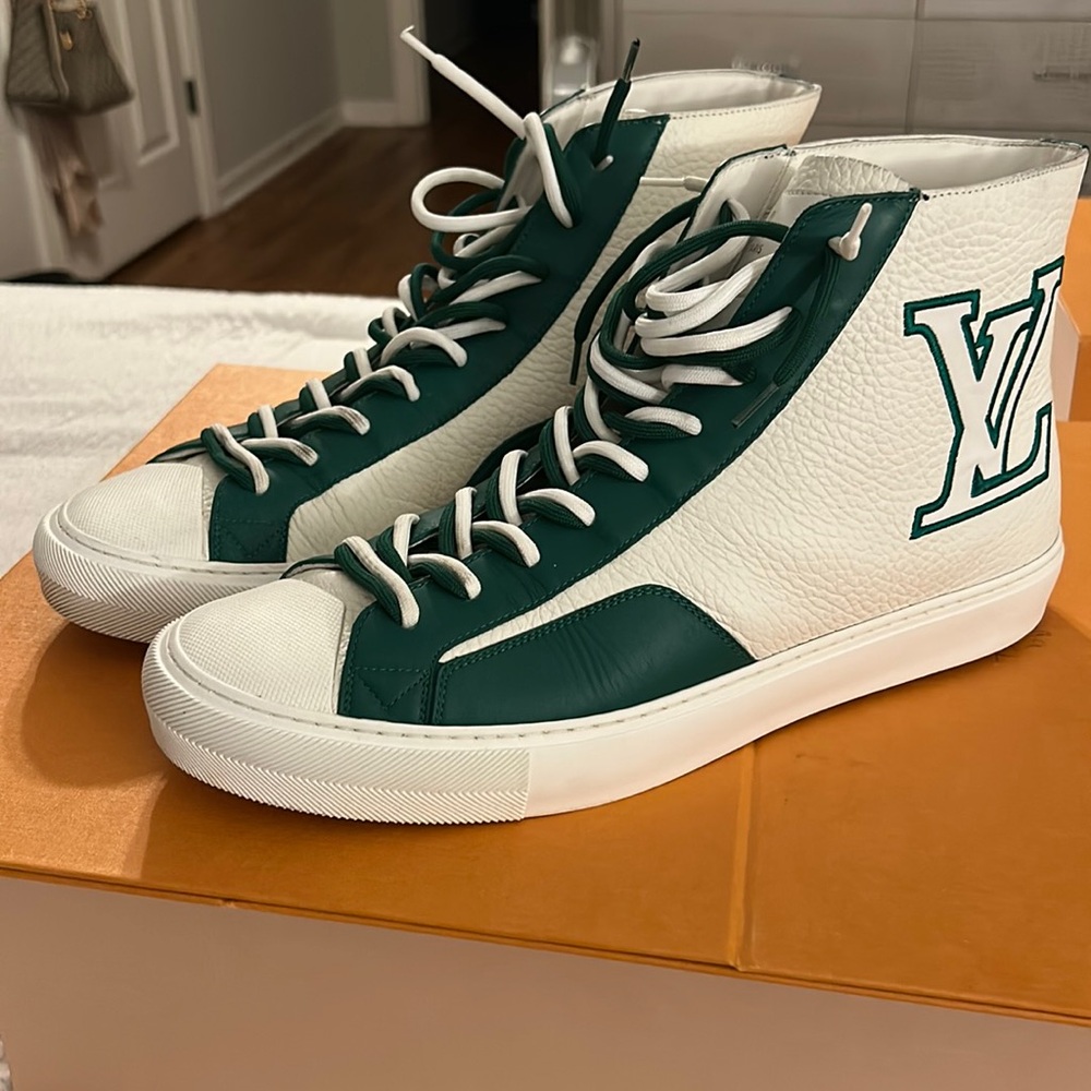 Green and white high top Louis Vuitton sneakers